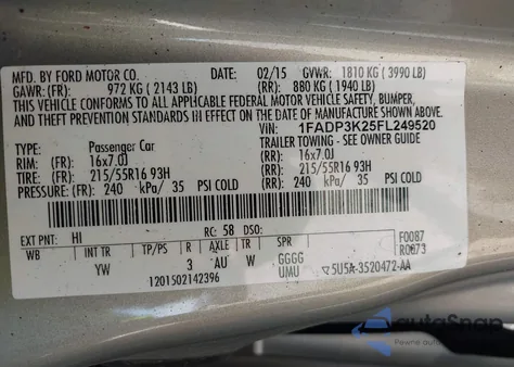 2015 Ford Focus Se из США, поврежденный, VIN 1FADP3K25FL249520